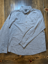 Large OAKLEY Button Down Shirt-Grey Cotton Denim Finish Loose Fit L/S EUC - £13.33 GBP