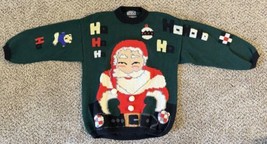 Vintage Berek Sweater Adult M Santa Christmas Hand Knit Pom Pom Toys Ove... - $69.29