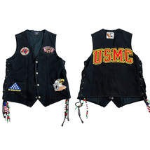 VTG USMC Veteran Marines Black Denim Biker Vest Men’s Sz S Patches Beads - £29.75 GBP