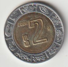 2006 Mexico $2 Pesos Bimetallic aluminium bronze in stainless steel ring... - $1.89