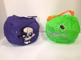 Set 2 Halloween Trick or Treat Baskets Collapsible Green Spider Purple Skeleton - £7.59 GBP