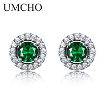 UMCHO Real 925 Sterling Silver Jewelry Created Nano Emerald Round Stud Earrings  - £14.98 GBP