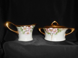 Antique Creamer &amp; Sugar Set Hutschenreuther Selb Floral Heavy Gold Hand Painted - £27.63 GBP