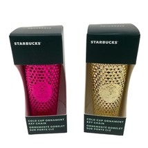 Two Starbucks 2022 Studded Cold Cups Tumblers Keychain Ornaments Gold, Pink New - £39.16 GBP