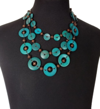 Women&#39;s Statement Necklace With Earrings Teal Color Wood Brown Spacer Beads 24&quot; - £13.45 GBP