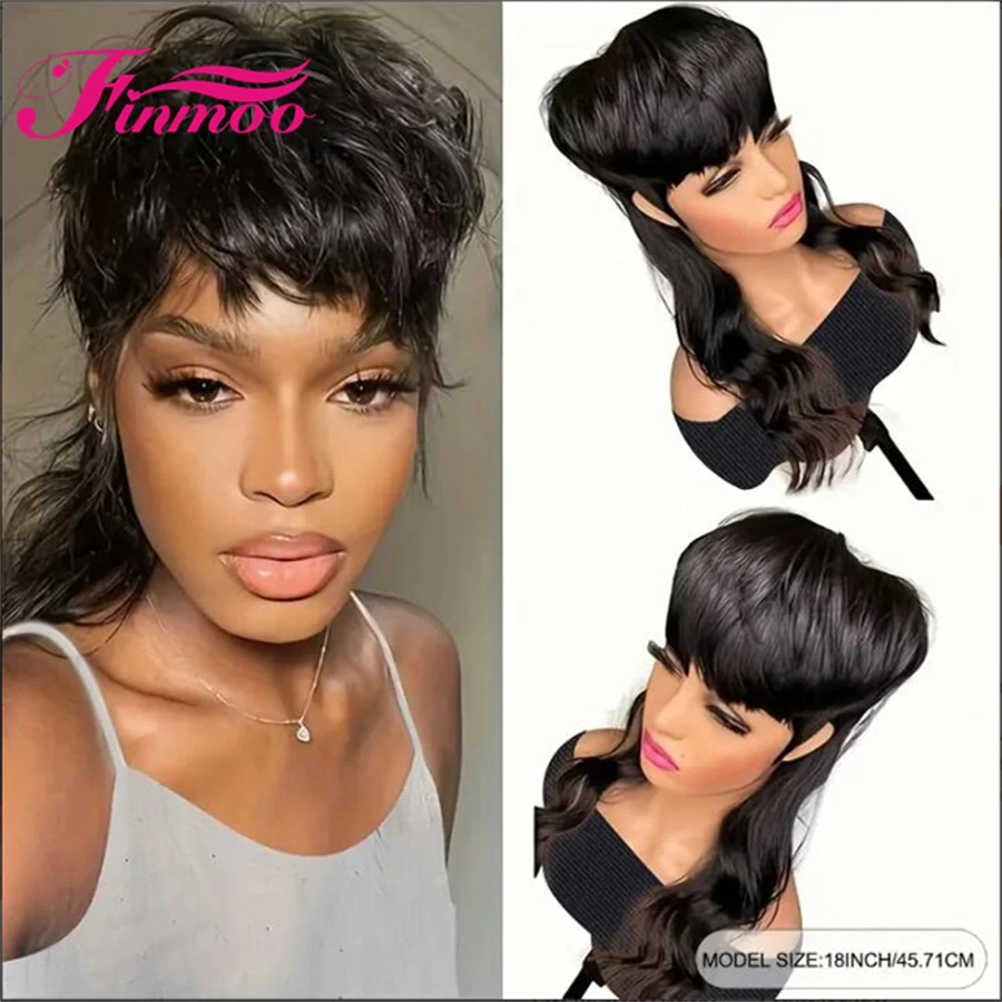 Mullet Glueless Wig Human Hair Ready To Wear Pixie Wig Full Machine Made W - £52.95 GBP+