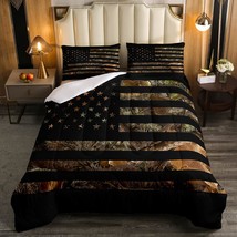 American Flag Camo Comforter Set Full,Military Hunting Bedding Set Rustic Trees  - £78.03 GBP