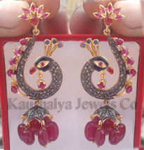 Victorian 2.82ct Rose Cut Diamond Ruby Glamorous Peacock Wedding Earrings - £611.78 GBP