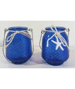 Set of 2 BLUE GLASS LUMINARY CANDLE HOLDER Fish Scales With Handle 4 3/4&quot; - $9.97
