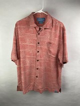 Bermuda Bay Mens M Silk Button Up Hawaiian Shirt, Salmon-Pink w/ Palm Trees - £11.81 GBP