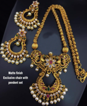 Indian Bollywood Women Matt Gold Plated Jewelry CZ AD Chain Necklace Pendent Set - £30.46 GBP