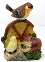 Chickadee Figurine Birdseed Bucket Wagon Wheel Resin Vintage - $15.15