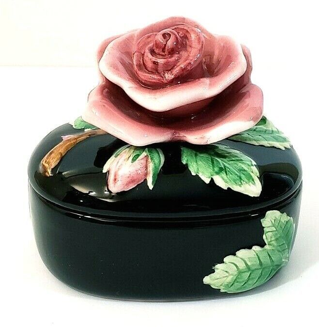 Fitz & Floyd 1986 Midnight Rose Trinket Box 3.5 W/Lid x 4" x 3" Taiwan Vintage - $20.56