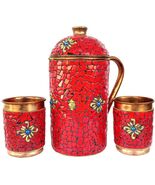 Pure Copper Jug - 2 Glass Drink Ware Set Tableware Pitcher Outer Stone Work - $89.99