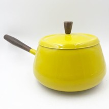 Vintage Enameled Metal Walnut Wood Handle Mustard Yellow Fondue Pot MCM - £15.95 GBP