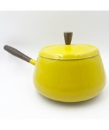 Vintage Enameled Metal Walnut Wood Handle Mustard Yellow Fondue Pot MCM - £15.95 GBP
