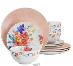 Spice by Tia Mowry Goji Blossom 12 Piece Fine Ceramic Dinnerware Set Pink - £44.81 GBP