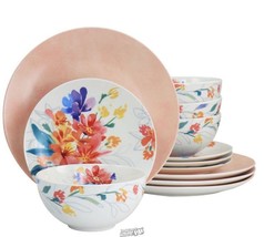 Spice by Tia Mowry Goji Blossom 12 Piece Fine Ceramic Dinnerware Set Pink - £43.96 GBP