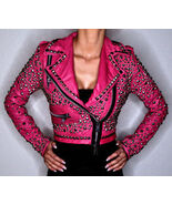 New Woman Pink Full Silver Studded Brando Punk Cowhide Leather Jacket  - $314.99