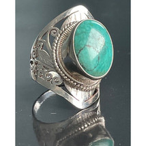 Large Ornate 925 Sterling Silver &amp; Turquois Ring Size 8.75 Sky - £58.46 GBP