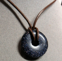 Sterling 925 Silver Blue Goldstone Fairy Dust Donut Leather Pendant 16&quot; Necklace - £29.20 GBP