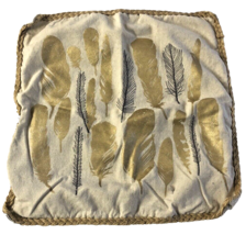 Boho Pillow Cover 16x16 Feather Beige Tan Gold Neutral Raw Braid Edge Sham Linen - £14.80 GBP