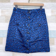 Banana Republic Leopard Print Button Front Skirt Blue Pockets Satin Womens 4 - $29.69