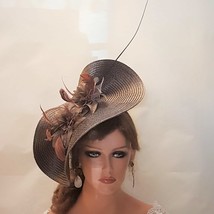 Brown  hat fascinator large saucer hatinator long Quil Floral Church Derby Ascot - £67.95 GBP