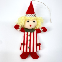 Felt Christmas Ornament Girl Yellow Yarn Hair Santa Hat Striped Dress 6 ... - $5.00