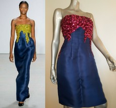 $4,690 New W. Tag Oscar De La Renta Adoreable Silk Bead Blue Red Dress Runw 12 - £786.35 GBP