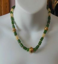 Vintage Green &amp; Cream Colored Glass Bead Necklace W/Small Gold Tone Spacers - $13.99
