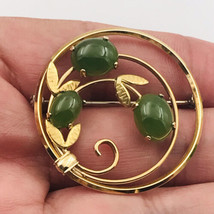 Gold Tone Round Green Floral Brooch Pin 1 3/8&quot; Diameter - £6.03 GBP