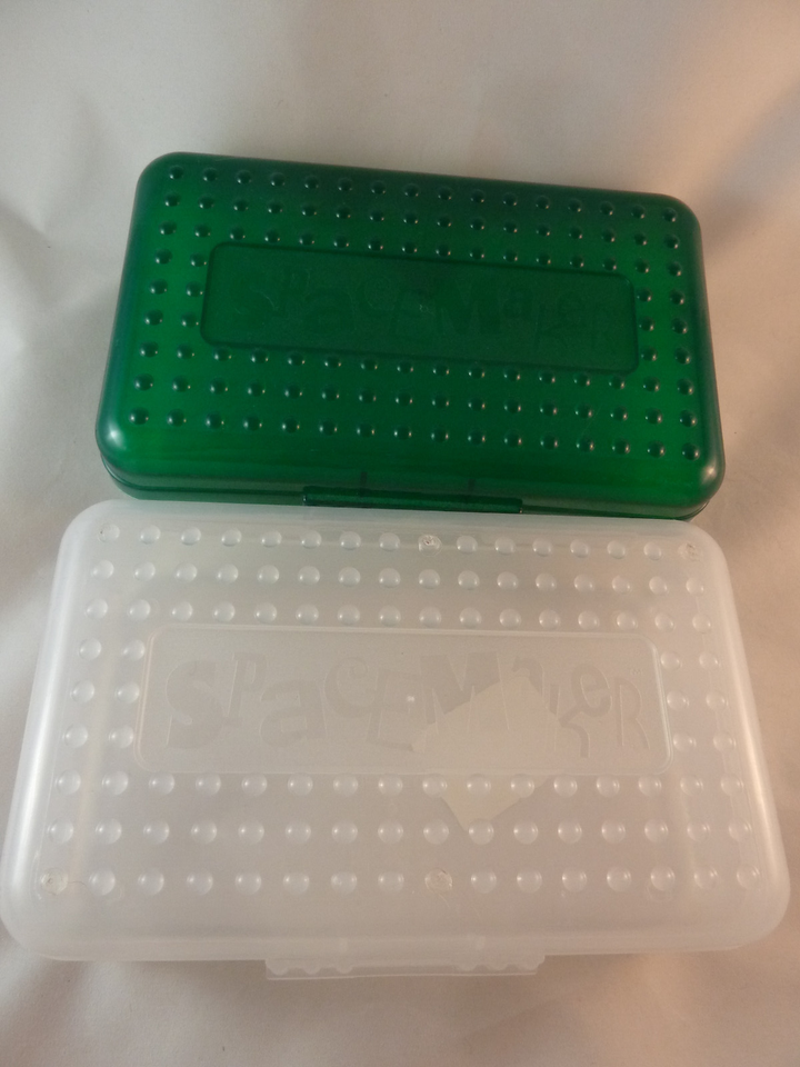 2 Vintage 2-Tone Plastic SpaceMaker Space Maker Pencil Box Clear &amp; dark ... - $15.93