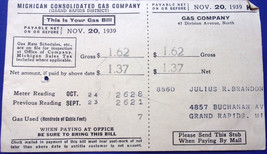 Vintage Michigan Consolidated Gas Company Bill Nov. 20, 1939 - $8.20 CAD