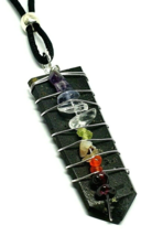 Black Tourmaline Pendant Necklace 7 Chakra Wire Wrapped Gemstone Cord Jewellery - £11.47 GBP