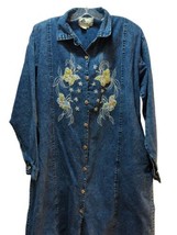 Carolina Bay women&#39;s blue jean long shirt dress Large butterflies flower... - $25.98