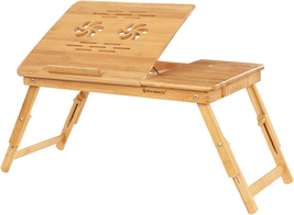 Bamboo Laptop Desk Serving Bed Tray Breakfast Table Tilting Top With Drawer NEW - £78.13 GBP