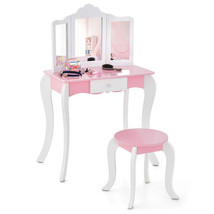Kid&#39;s Wooden Vanity Table and Stool Set  with 3-Panel Acrylic Mirror-White - £133.53 GBP