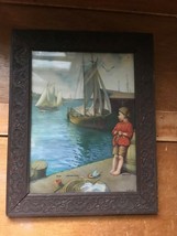 Vintage Vibrant Colored Little Boy on Dock Watching Sailboats ASPIRATION Lithogr - £18.84 GBP