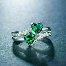 14k White  Gold Plated 1.30Ct Heart Simulated  Green Emerald Engagement Ring - £105.26 GBP