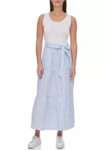 New Calvin Klein Blue White Stripes Maxi Belted Dress Size L $110 - £69.80 GBP