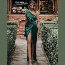 Mermaid One Shoulder Side Slit Simple Eramald Green Long Prom Dresses - £116.89 GBP