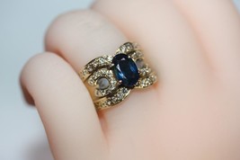 Fine 14K Yellow Gold Blue Stone &amp; Diamond Horseshoe Wide Band Ring Size ... - $1,587.86 CAD