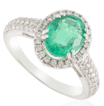 18k Solid White Gold Glamorous Emerald and Diamond Engagement Ring for Her - £1,630.10 GBP