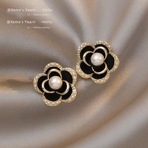Elegant Sweet Pearl Black Camellia Flower Stud Earrings For Woman Girls Korean C - £10.50 GBP