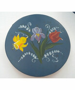 Vintage shabby chic blue tole hand painted floral design round wood box ... - $19.75