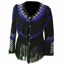 Women Western Wear Cowgirl Black Leather With Blue Fringes &amp; Trim Jacket... - $149.00