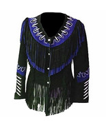 Women Western Wear Cowgirl Black Leather With Blue Fringes &amp; Trim Jacket... - £117.72 GBP