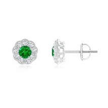 Natural Emerald Earrings with Diamond Halo in 14K Gold (Grade-AAAA , 3.5MM) - £1,052.49 GBP