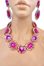 Luxurious Statement Necklace Earring Set Iridescent Fuchsia Crystals Wed... - $49.64